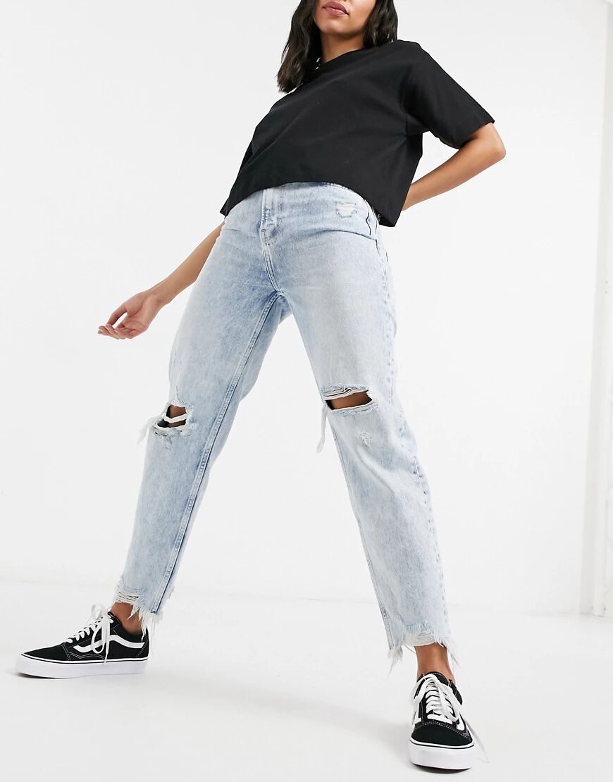 Bershka ripped mom jean with distressed hem in light blue  Blue