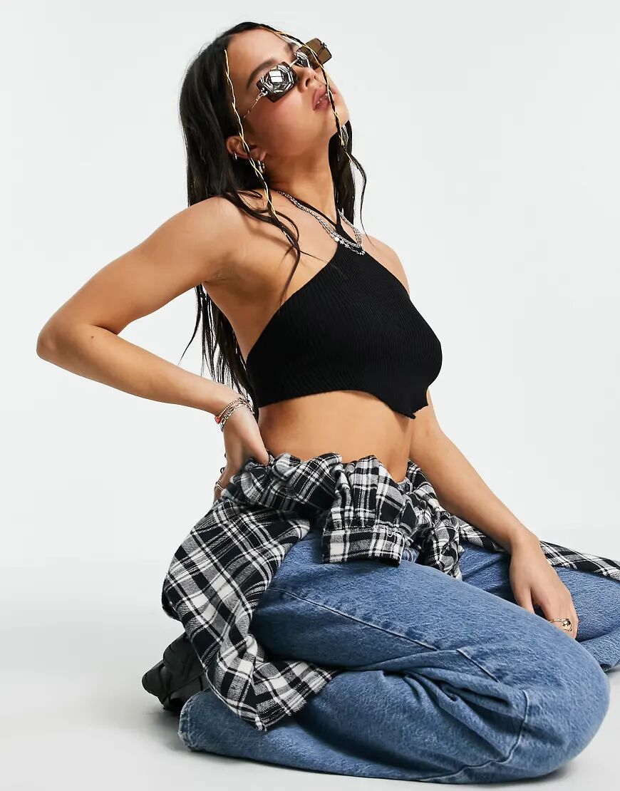 Bershka scarf hem detail halter neck crop top in black  Black