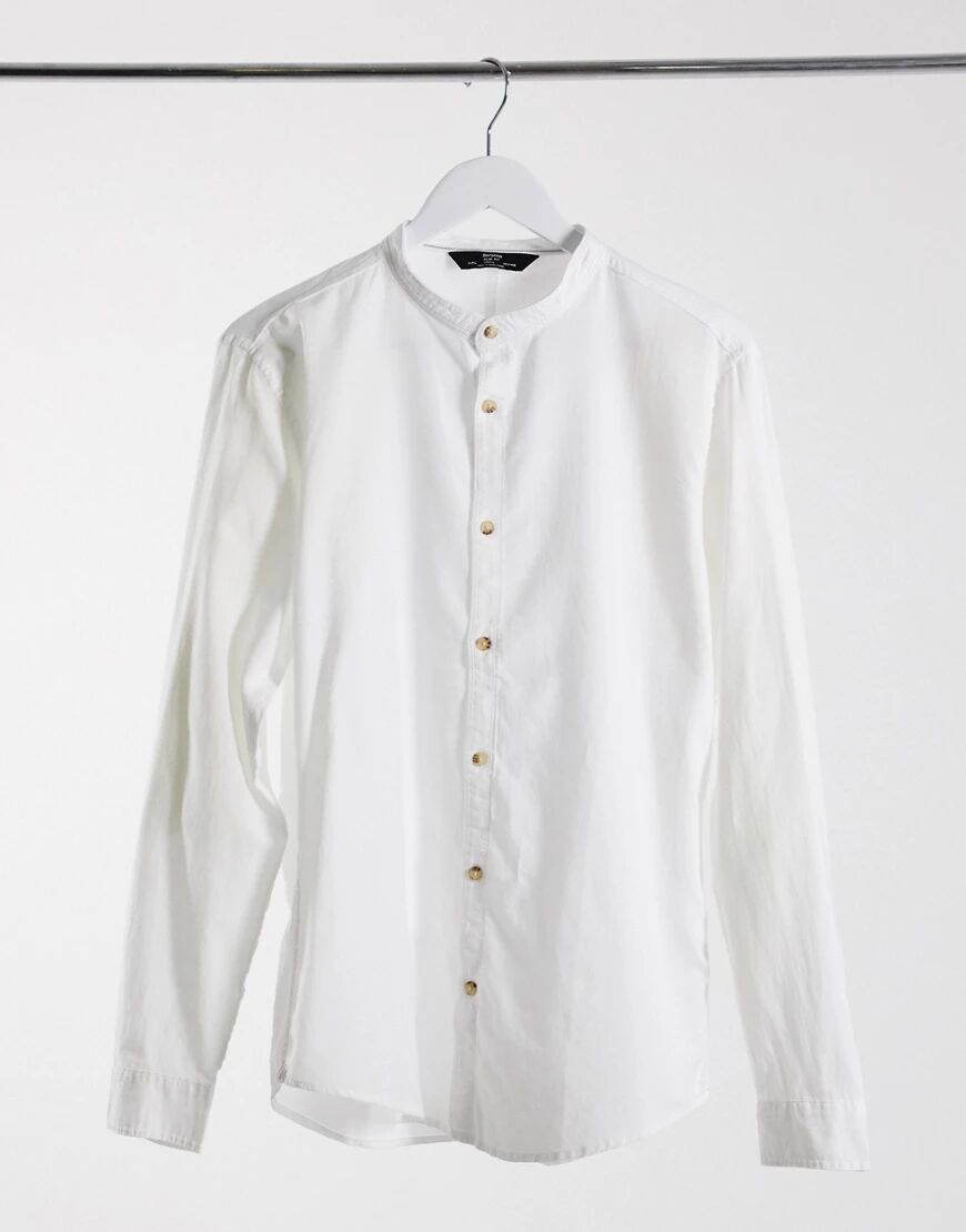 Bershka shirt with grandad collar in white  White