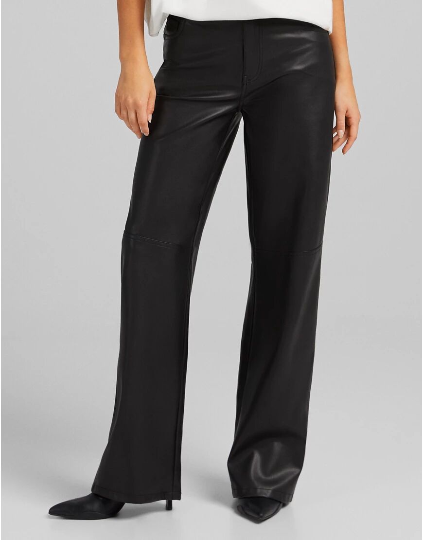 Bershka straight leg faux leather trouser in black  Black