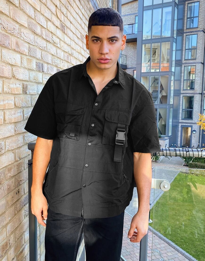 Bershka utility overshirt with multipockets-Black  Black