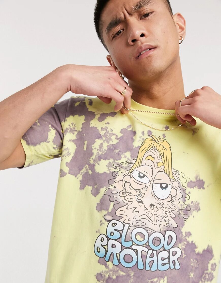 Blood Brother printed bleached t-shirt in lemon/violet-Yellow  Yellow