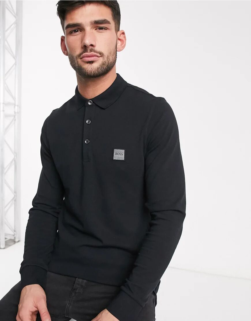 BOSS Passerby slim fit long sleeve logo polo in black  Black