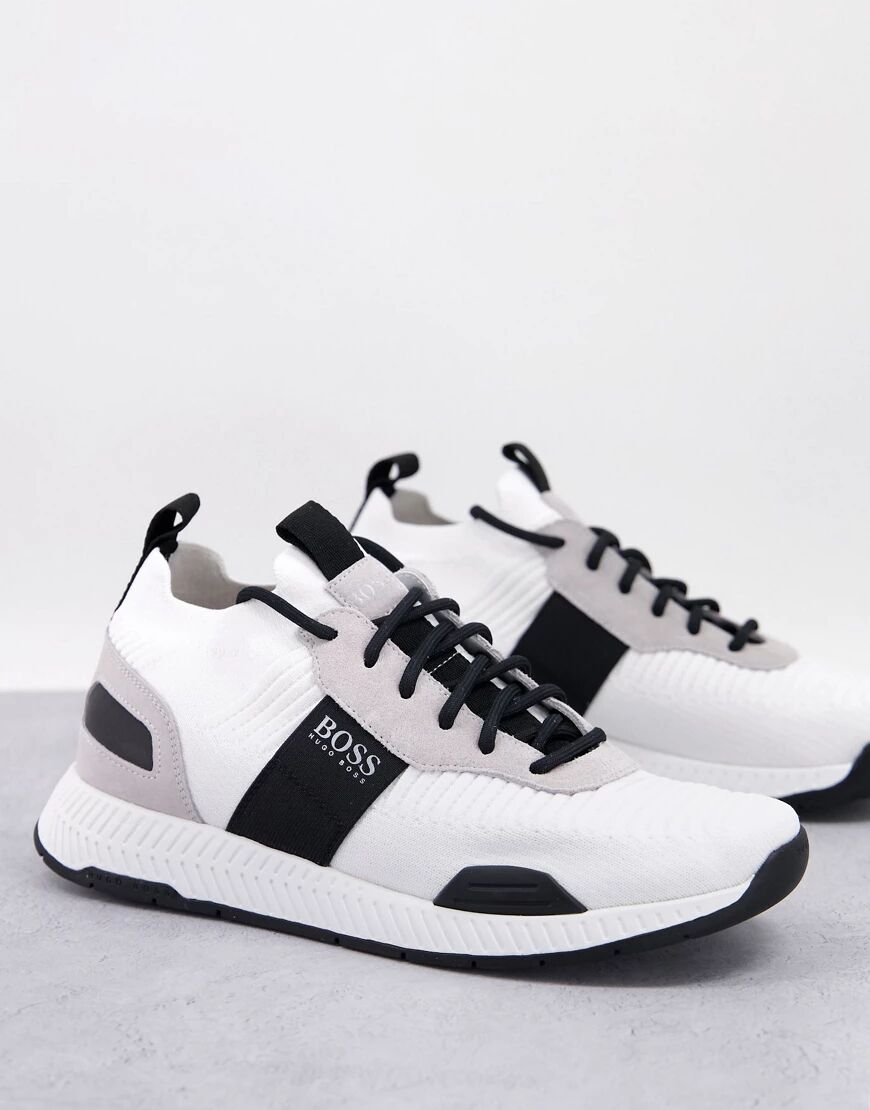 BOSS Titanium Runn knitted trainers in white/ black  White