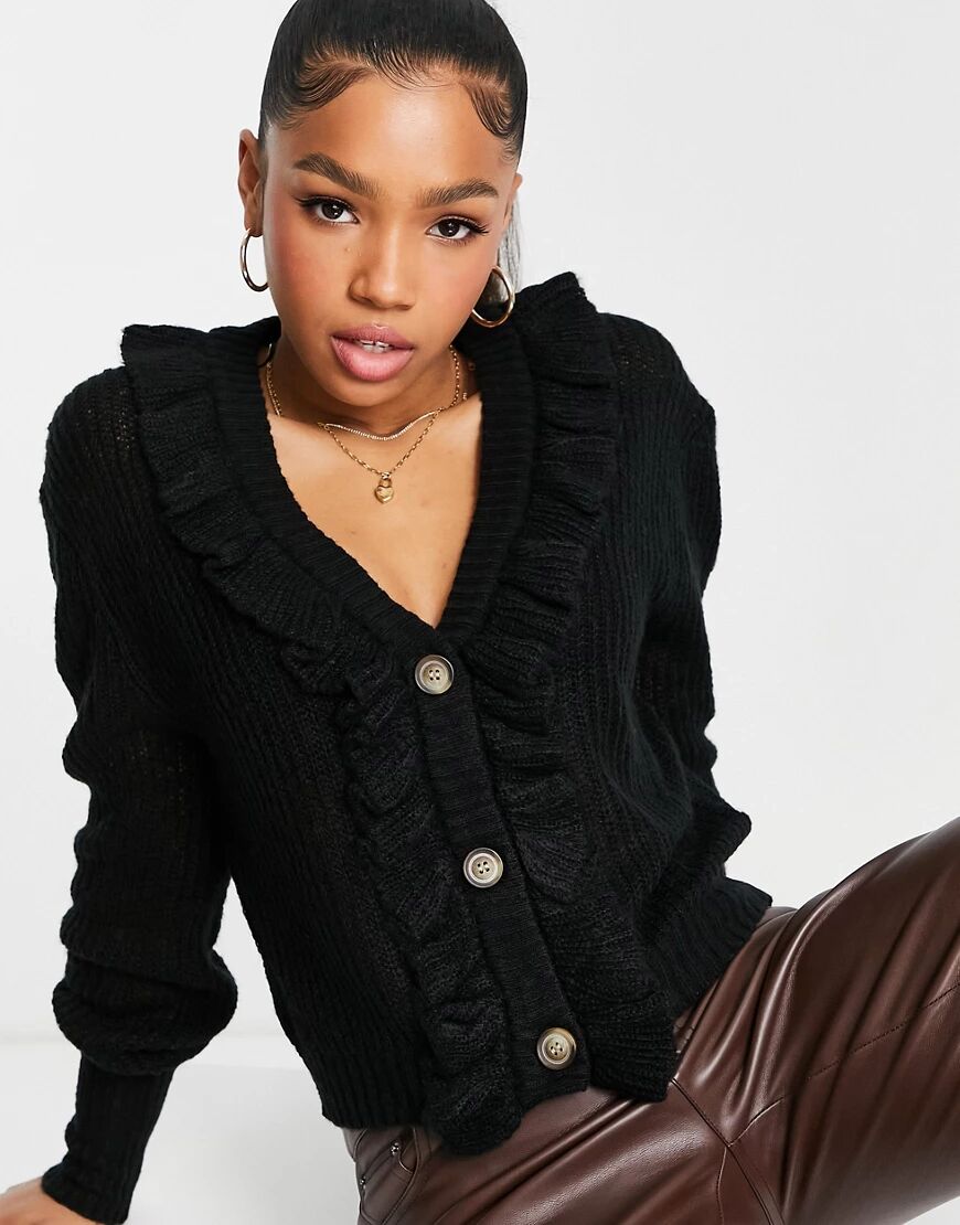 Brave Soul austin button down cardigan with frill detail in black  Black