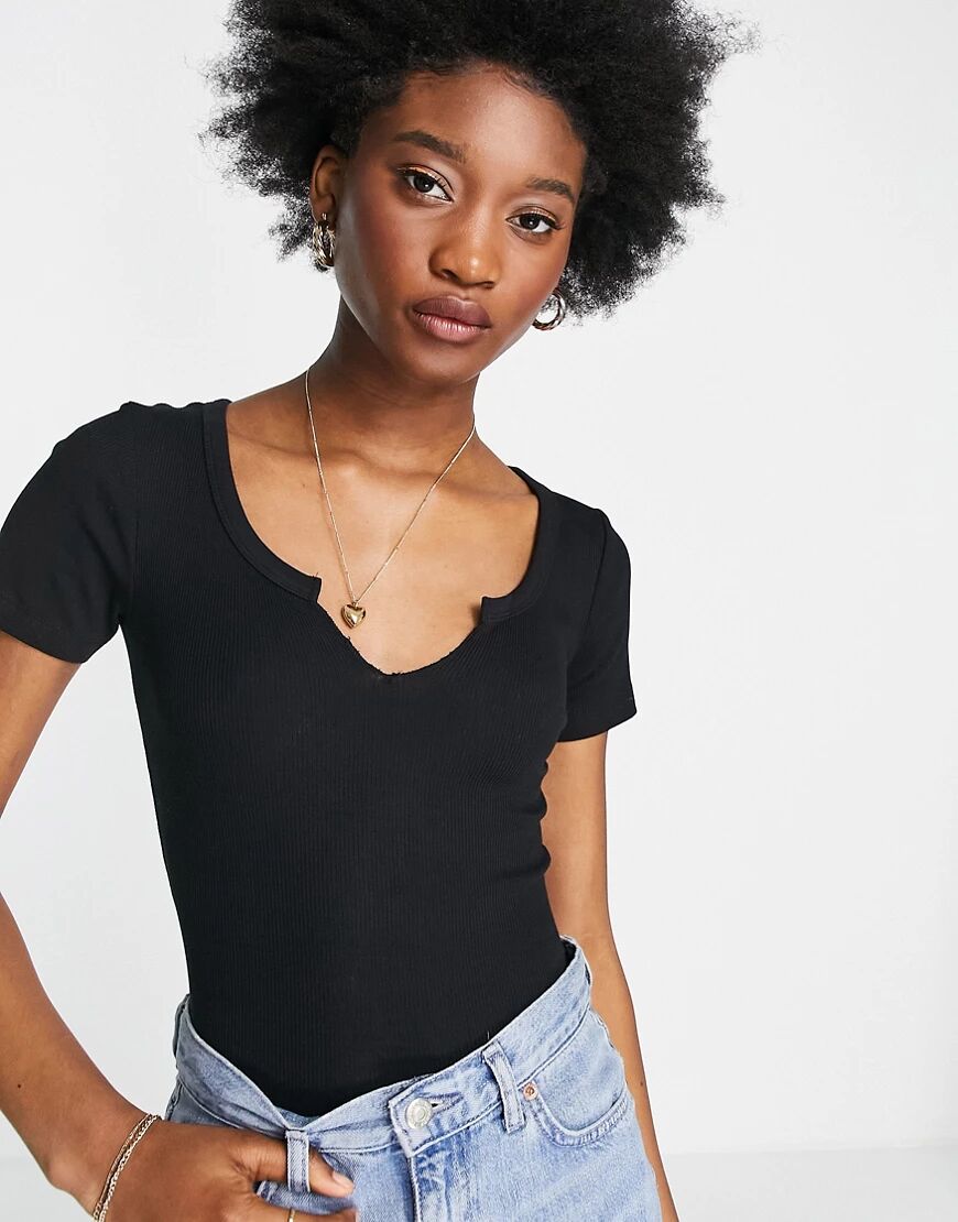 Brave Soul charli notch short sleeve bodysuit in black  Black