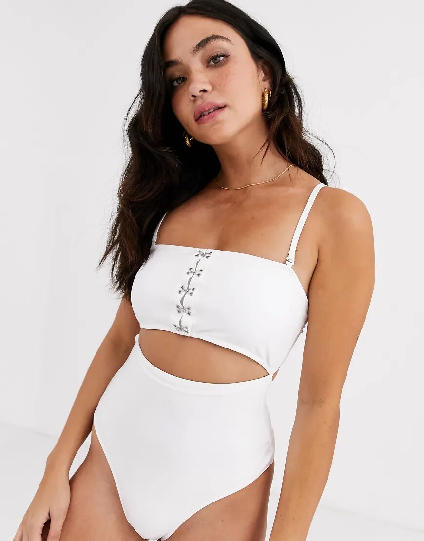 Brave Soul Elise high leg swimsuit with hook and eye detail-White  White