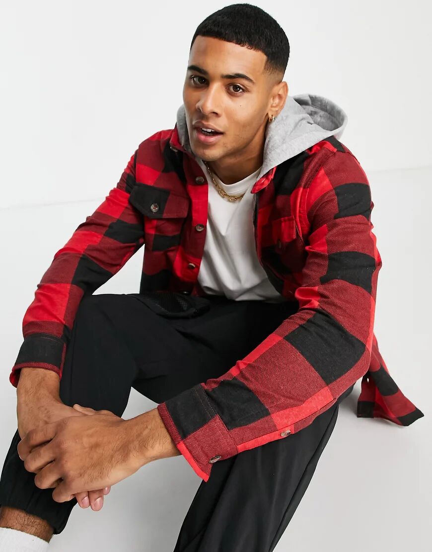 Brave Soul hooded check shirt in red black  Red