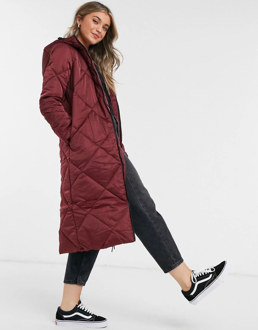 Brave Soul jaz satin longline puffer coat-Red  Red