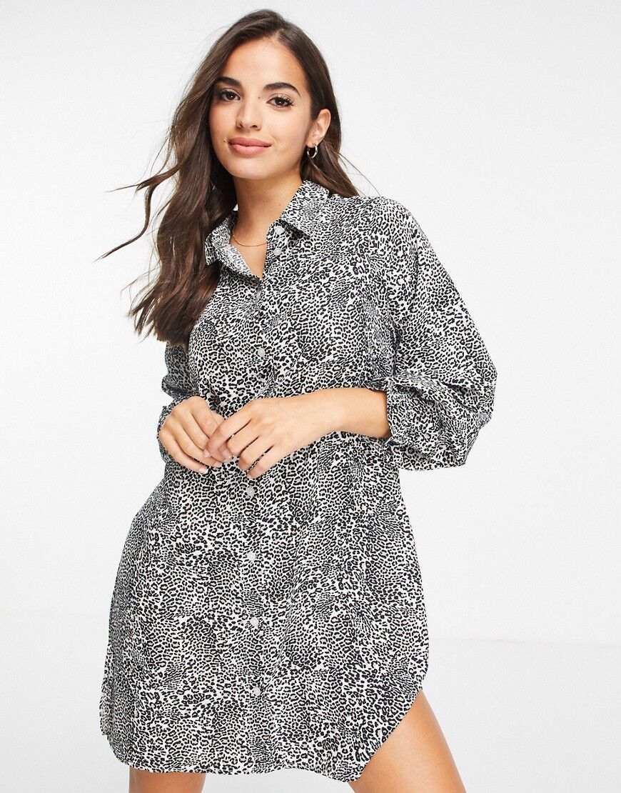 Brave Soul leopard print shirt dress in grey  Grey
