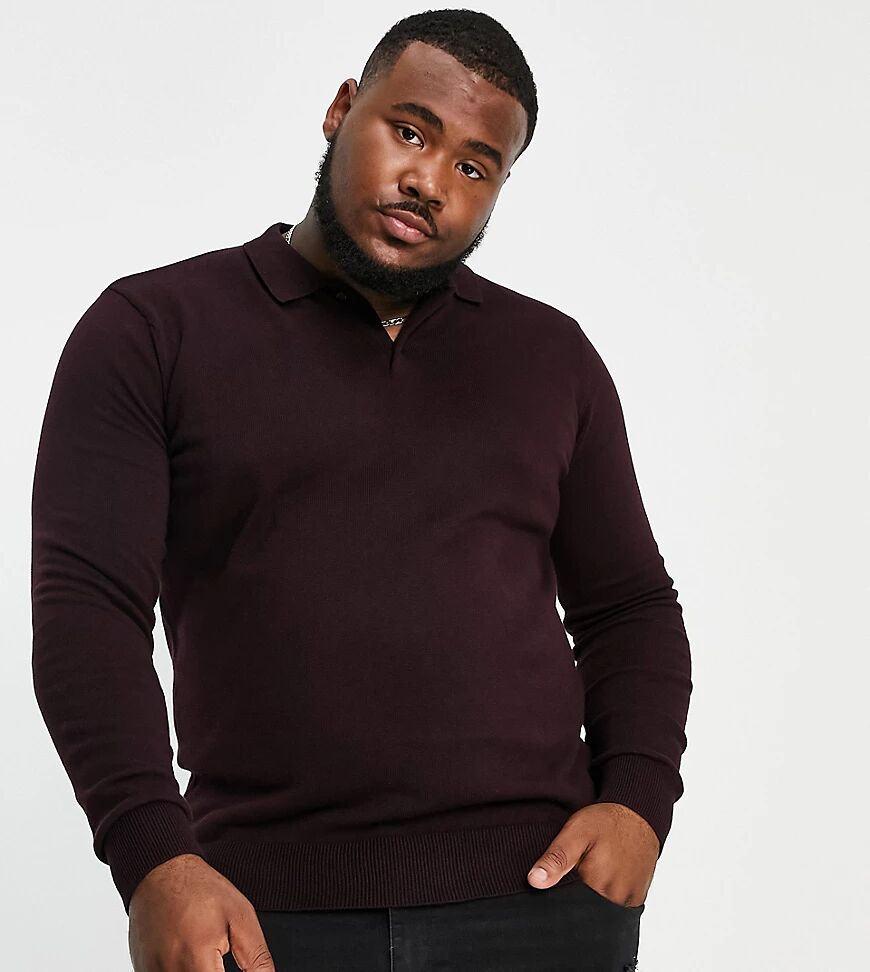 Brave Soul Plus cotton long sleeve knitted polo in dark burgundy-Red  Red