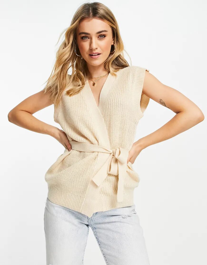 Brave Soul sleeveless tie waist cardigan in stone-Neutral  Neutral