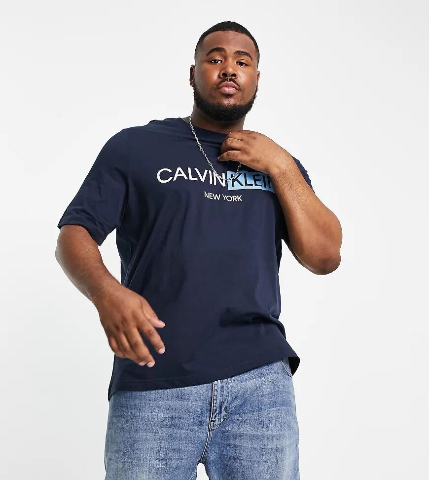 Calvin Klein Big & Tall contrast graphic logo t-shirt in navy  Navy