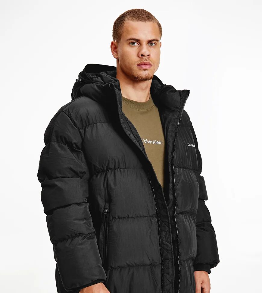 Calvin Klein Big & Tall crinkle nylon hooded puffer jacket in black  Black