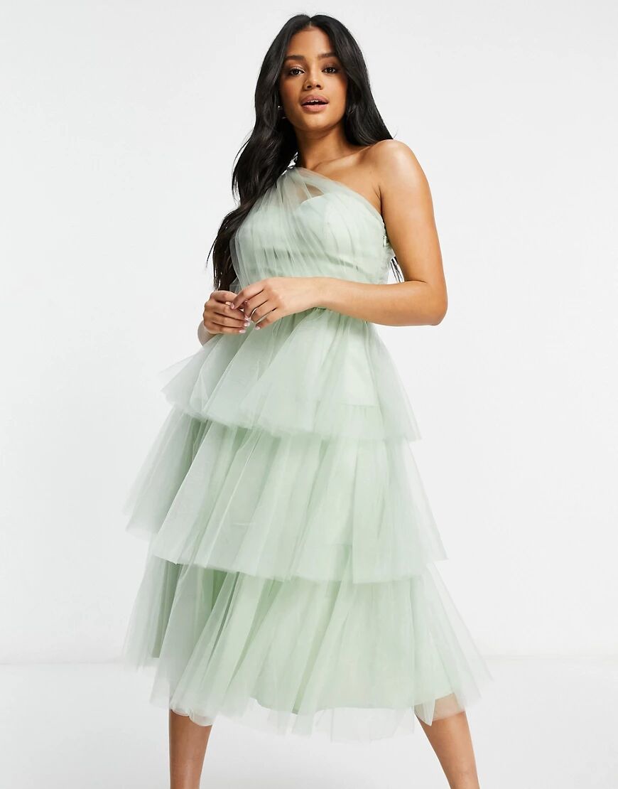 Chi Chi London one shoulder tiered tulle dress in mint-Green  Green