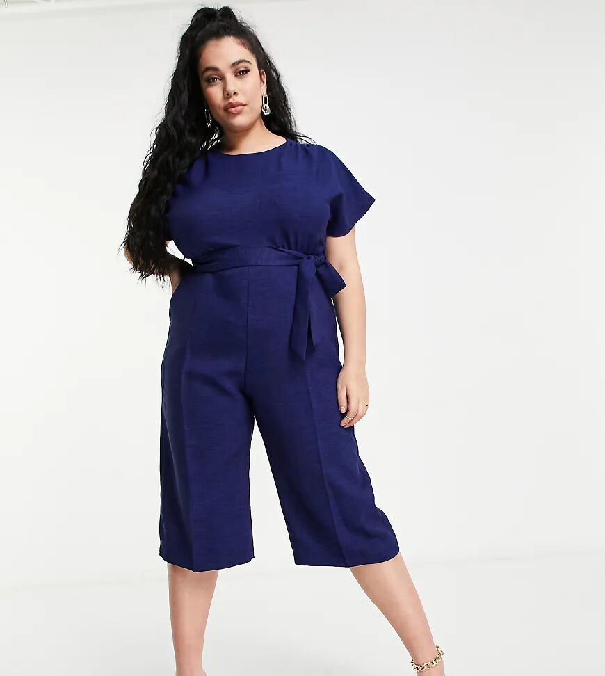 Closet London Plus cap sleeve tie waist wide leg cropped jumpsuit in navy  Navy