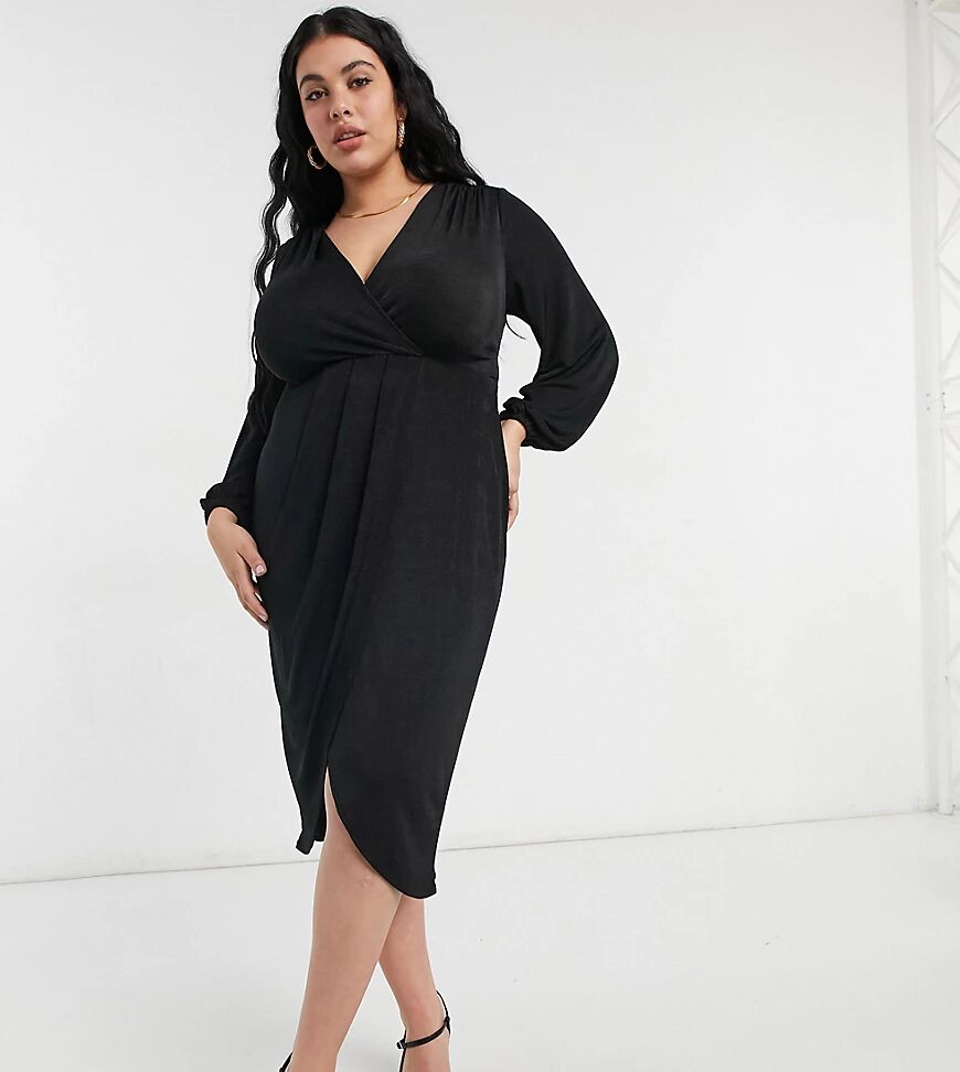 Closet London Plus twist wrap front jersey wrap dress in black  Black