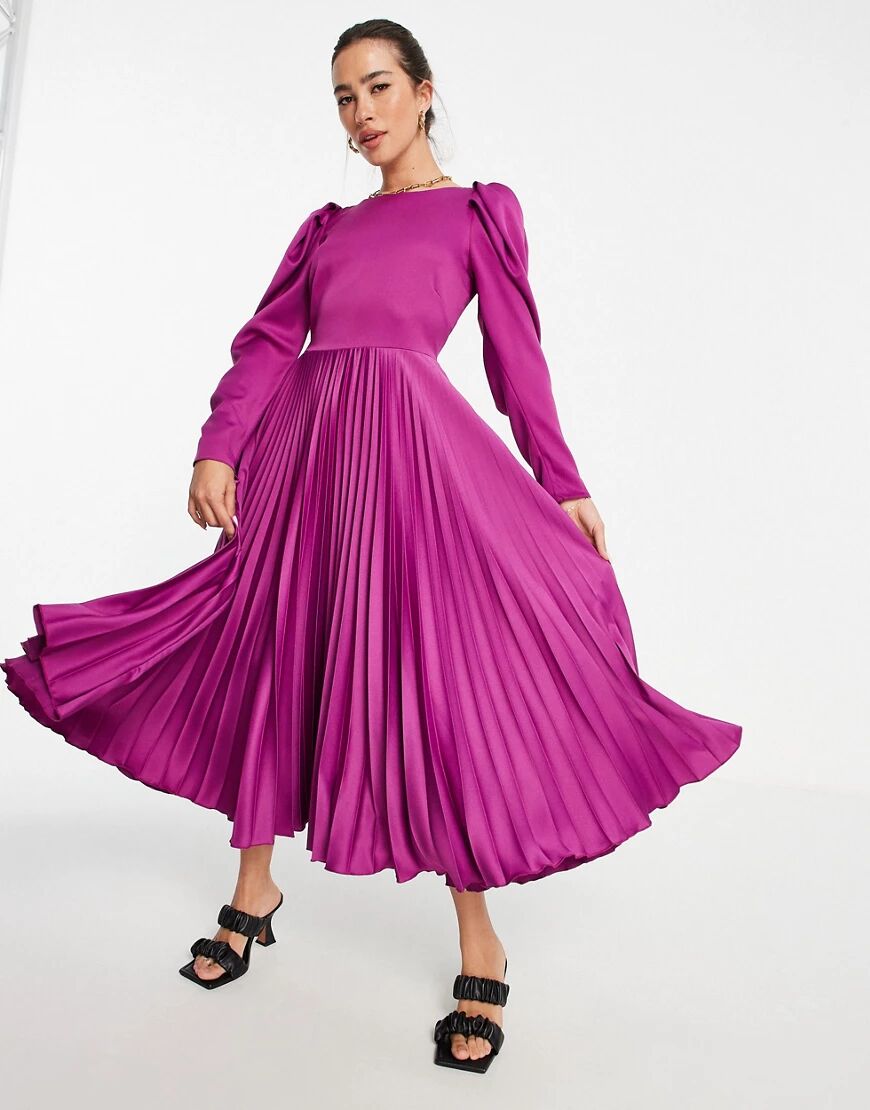 Closet London puff sleeve pleated midi dress in berry-Purple  Purple
