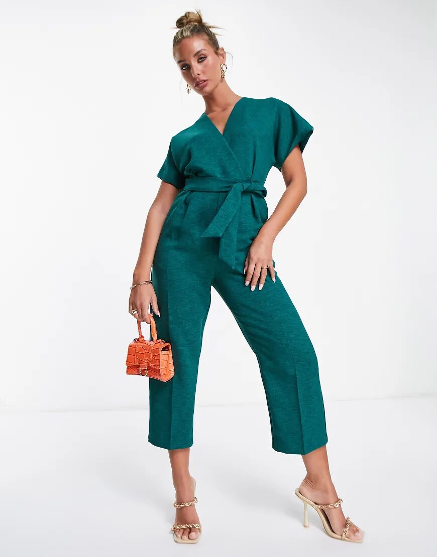 Closet London tie waist kimono jumpsuit in forest green  Green