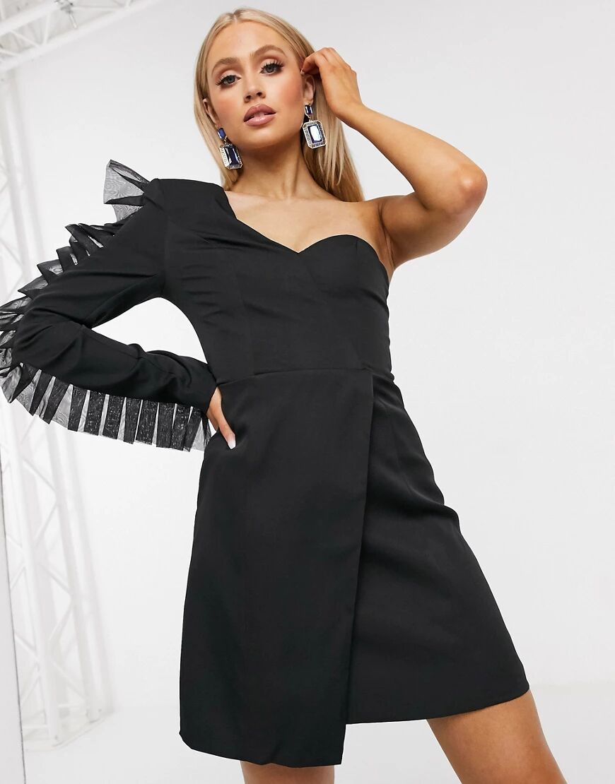 Club L London one shoulder blazer dress with organza frill detail in black  Black
