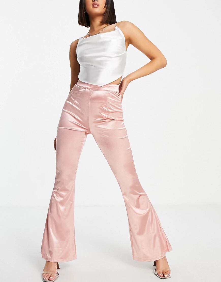 Club L London satin flared trousers in peach co-ord-Pink  Pink