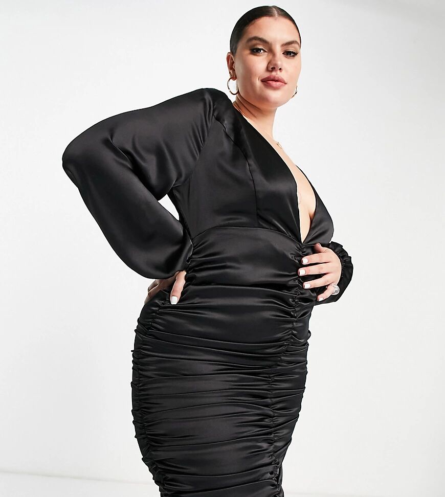 Collective the Label Curve exclusive ruched plunge mini dress in black  Black