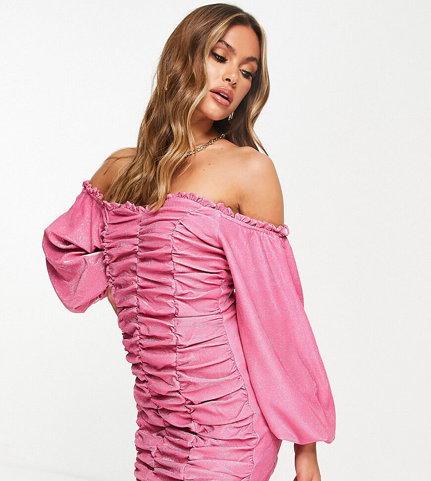 Collective the Label exclusive ruched volume sleeve mini dress in glitter pink  Pink