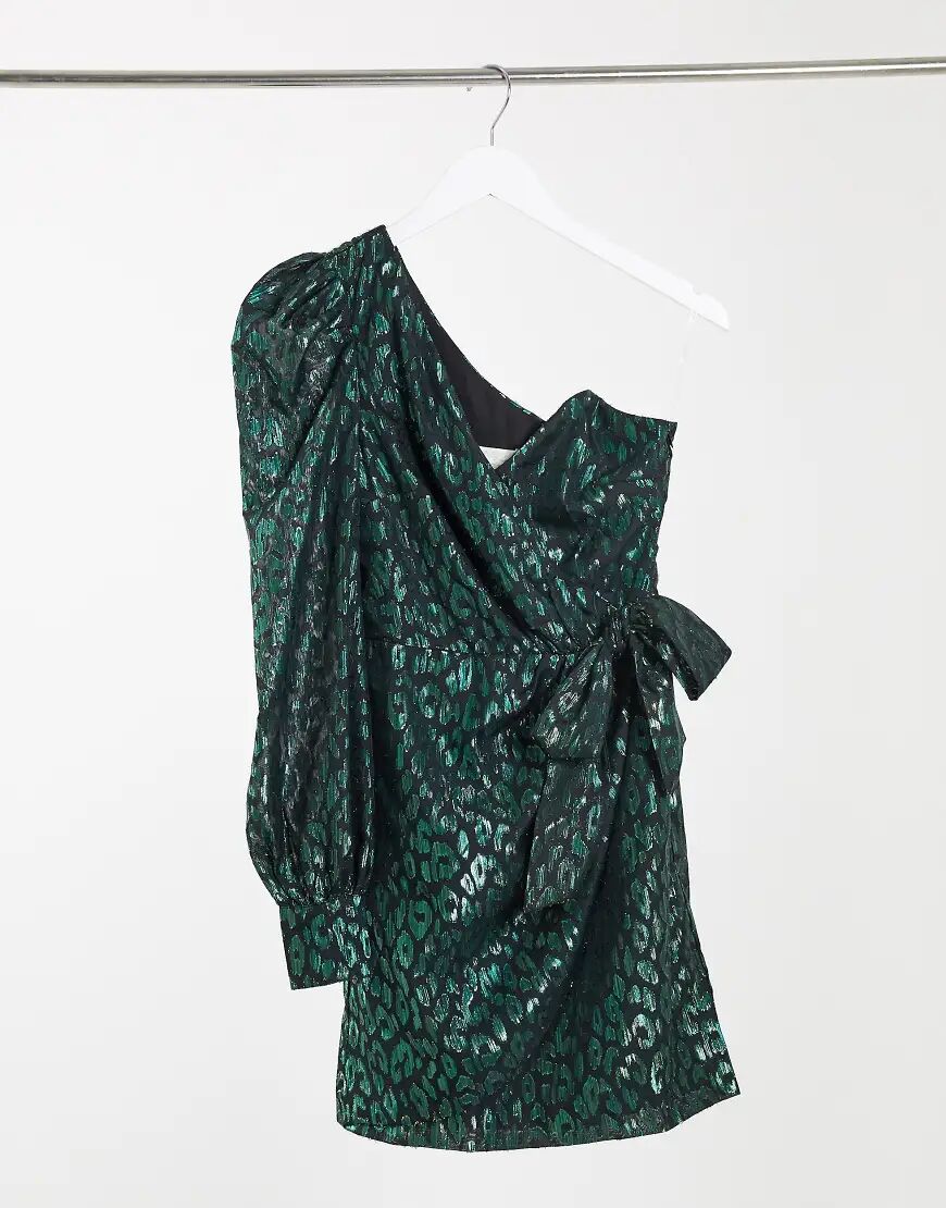 Collective the Label one shoulder bow waist organza mini dress in emerald green leopard organza  Green