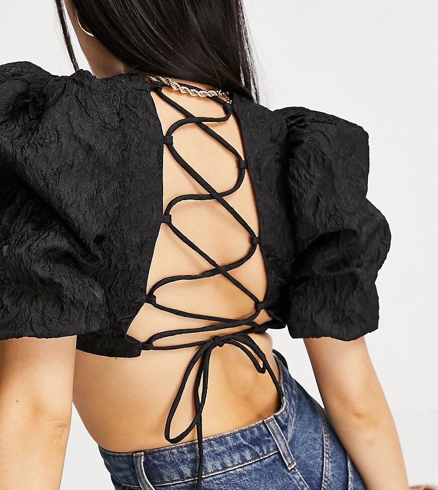 Collective the Label Petite puff sleeve backless crop top co-ord in textured black  Black