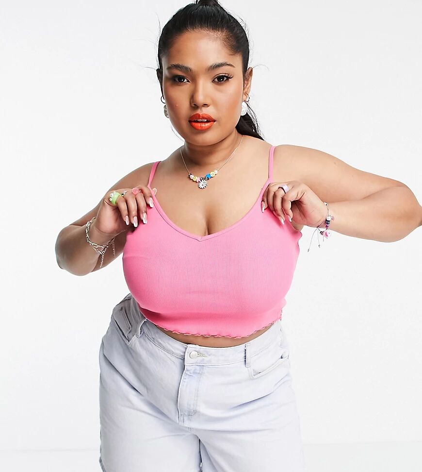 COLLUSION Plus exclusive colour crop bralet with lettuce edge in bright pink  Pink