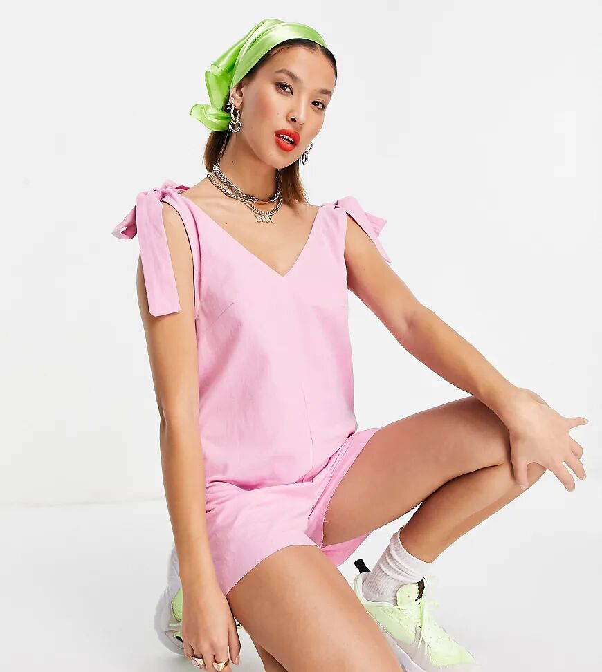 COLLUSION tie shoulder texture playsuit in pink  Pink