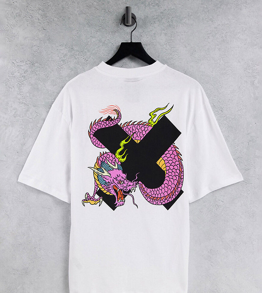 COLLUSION Unisex oversized t-shirt with logo X dragon print in white  White
