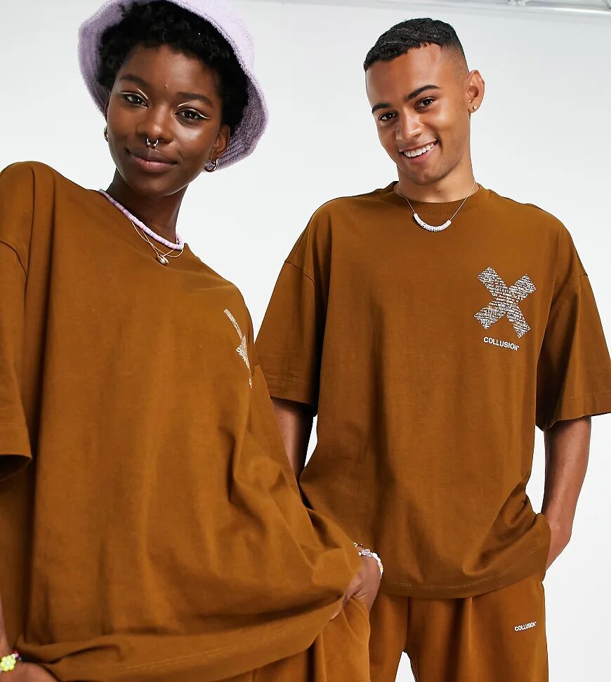 COLLUSION x EXIST LOUDLY Unisex oversized t-shirt with print in brown co-ord  Brown