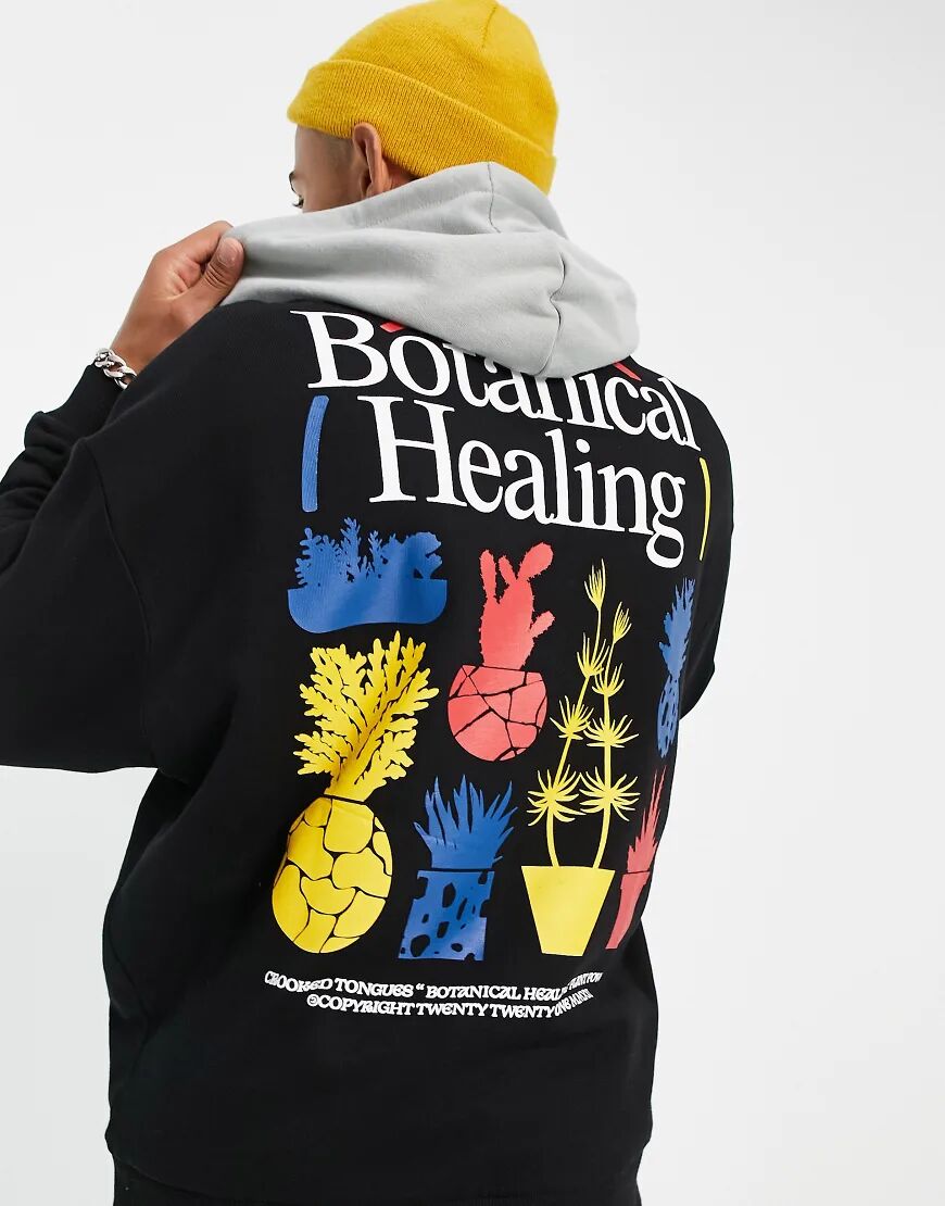 Crooked Tongues hoodie with botanic back print and contrast hood-Multi  Multi