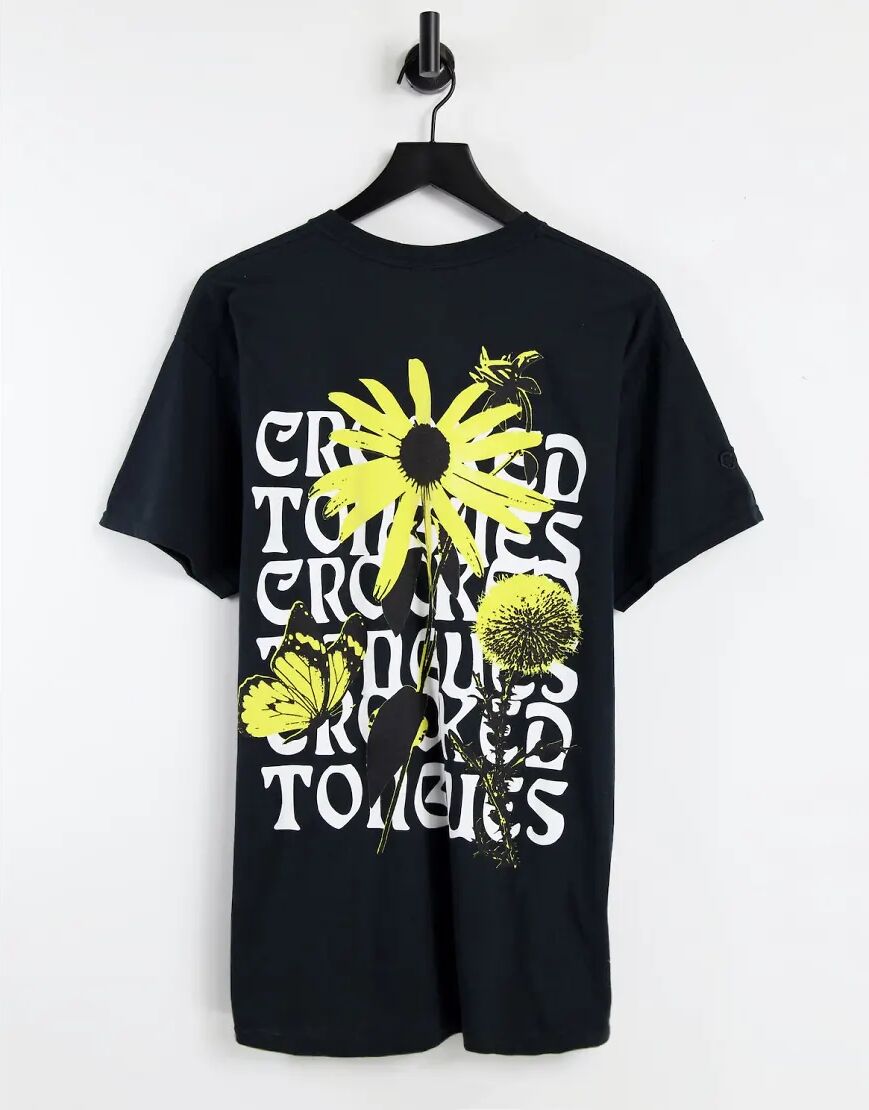 Crooked Tongues t-shirt with flower text print in black  Black