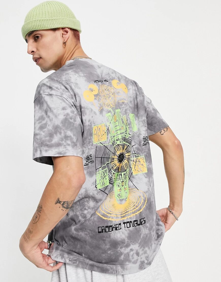 Crooked Tongues tie dye print t shirt in grey-White  White