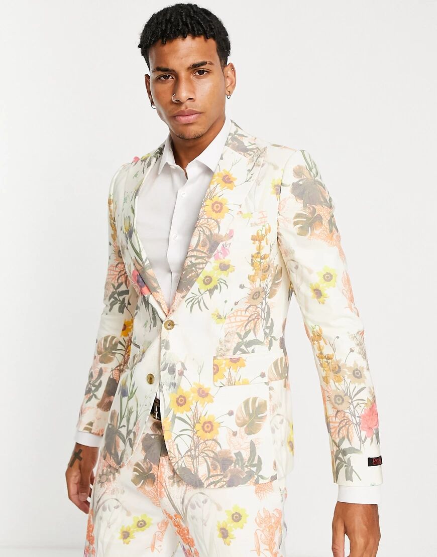 Devils Advocate floral print skinny fit suit jacket-White  White