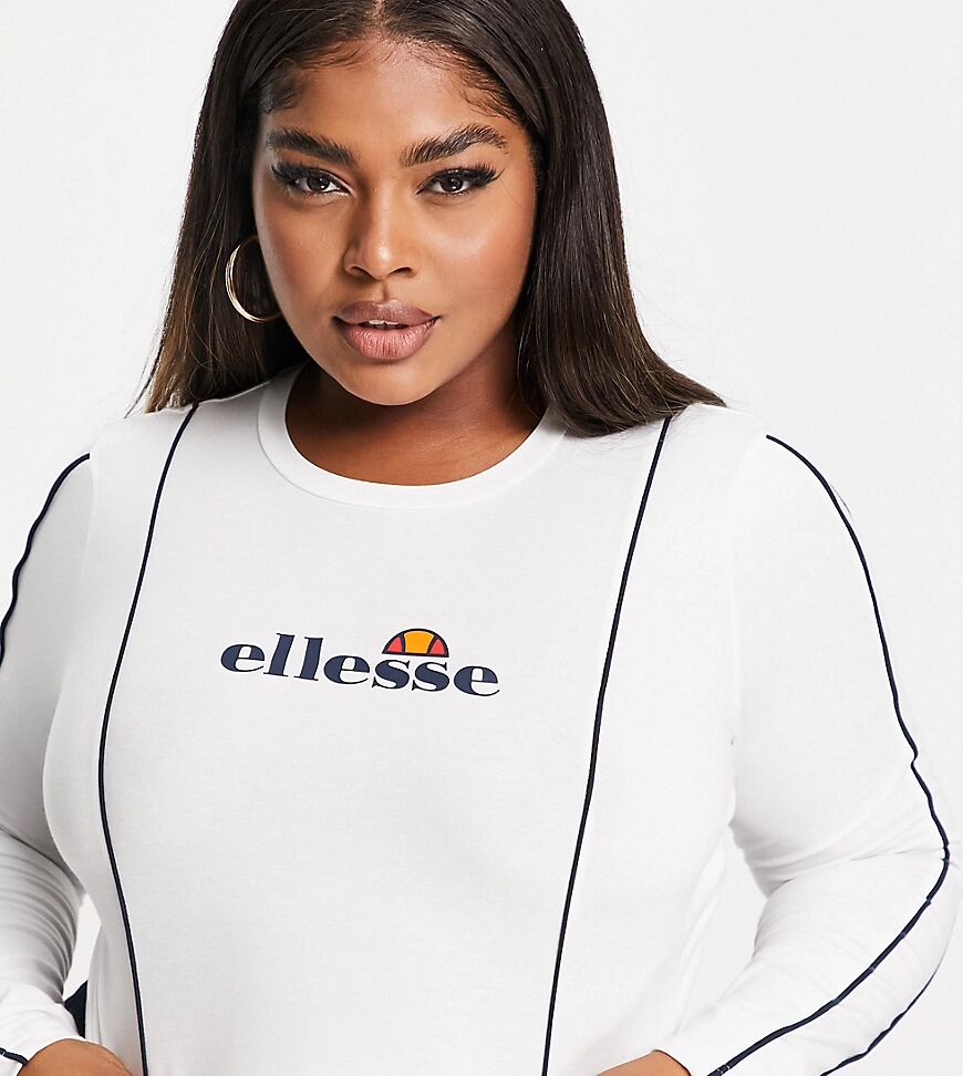 ellesse plus long sleeve crop top with piping in white  White