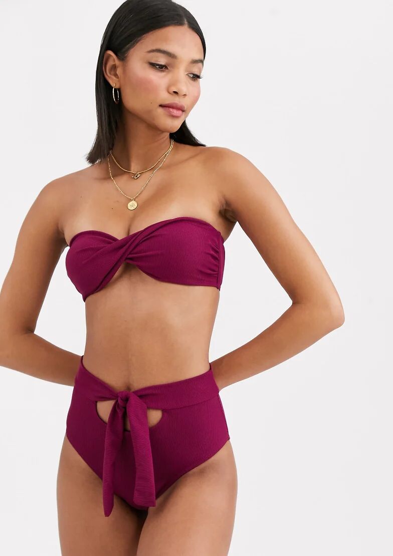 Fashion Union bandeau ribbed bikini top in berry-Purple  Purple