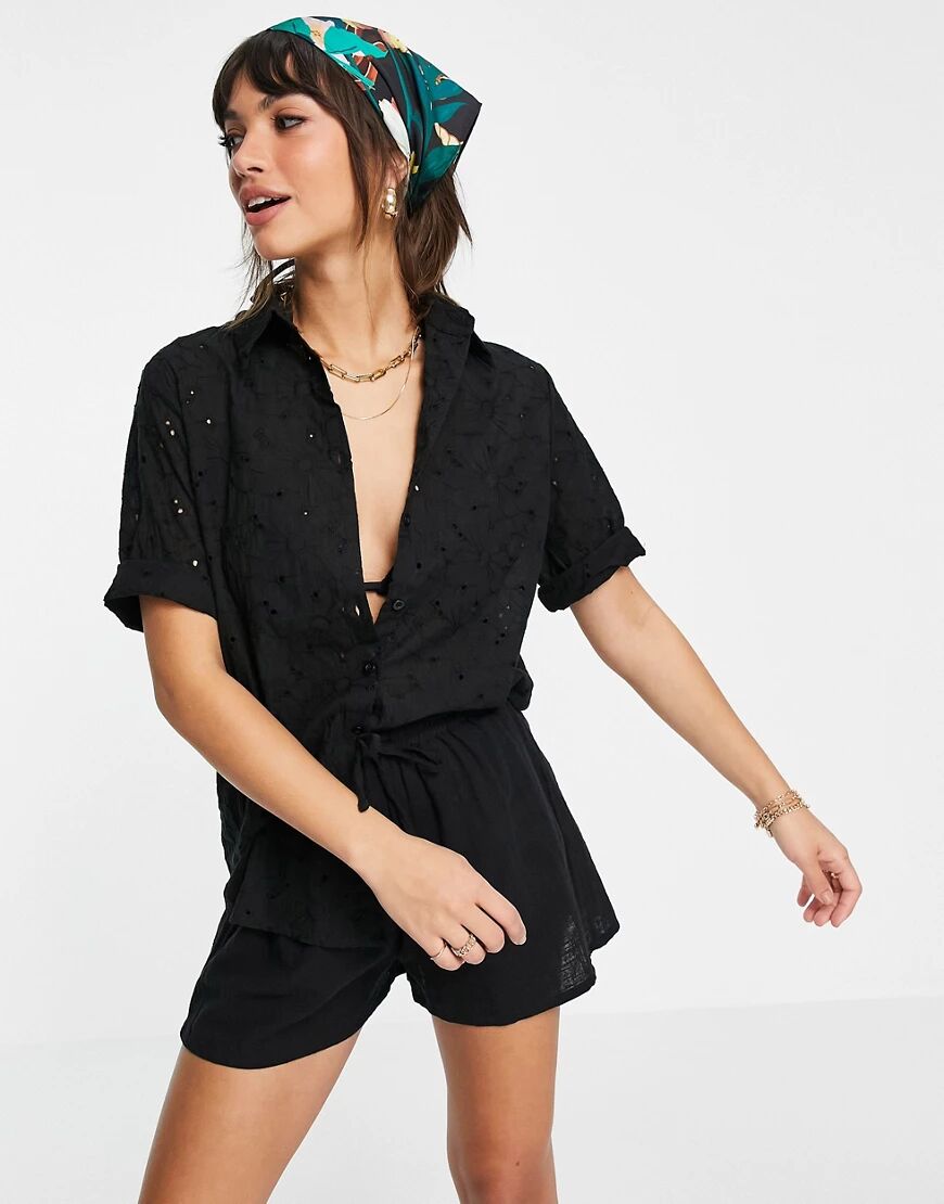 Fashion Union broderie anglaise beach shirt in black  Black