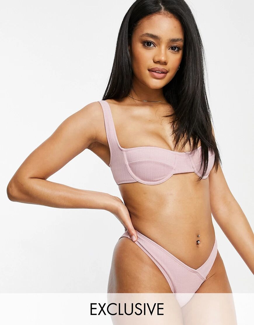 Fashion Union Exclusive balconette underwired bikini top in soft pink rib  Pink