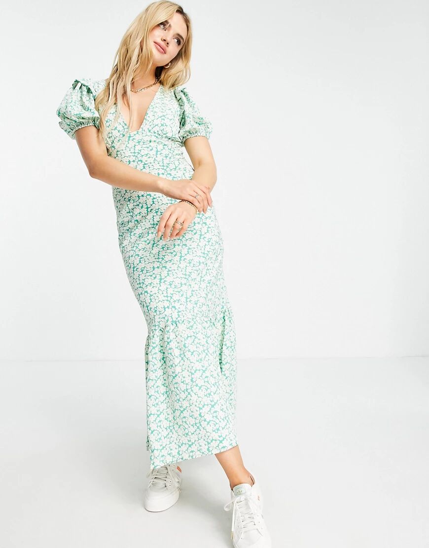 Fashion Union maxi tea dress in green floral with ruffle sleeves  Green