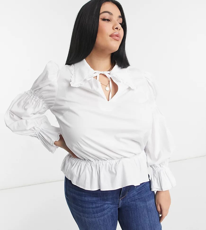 Fashion Union Plus shirt with lace edge collar in poplin-White  White