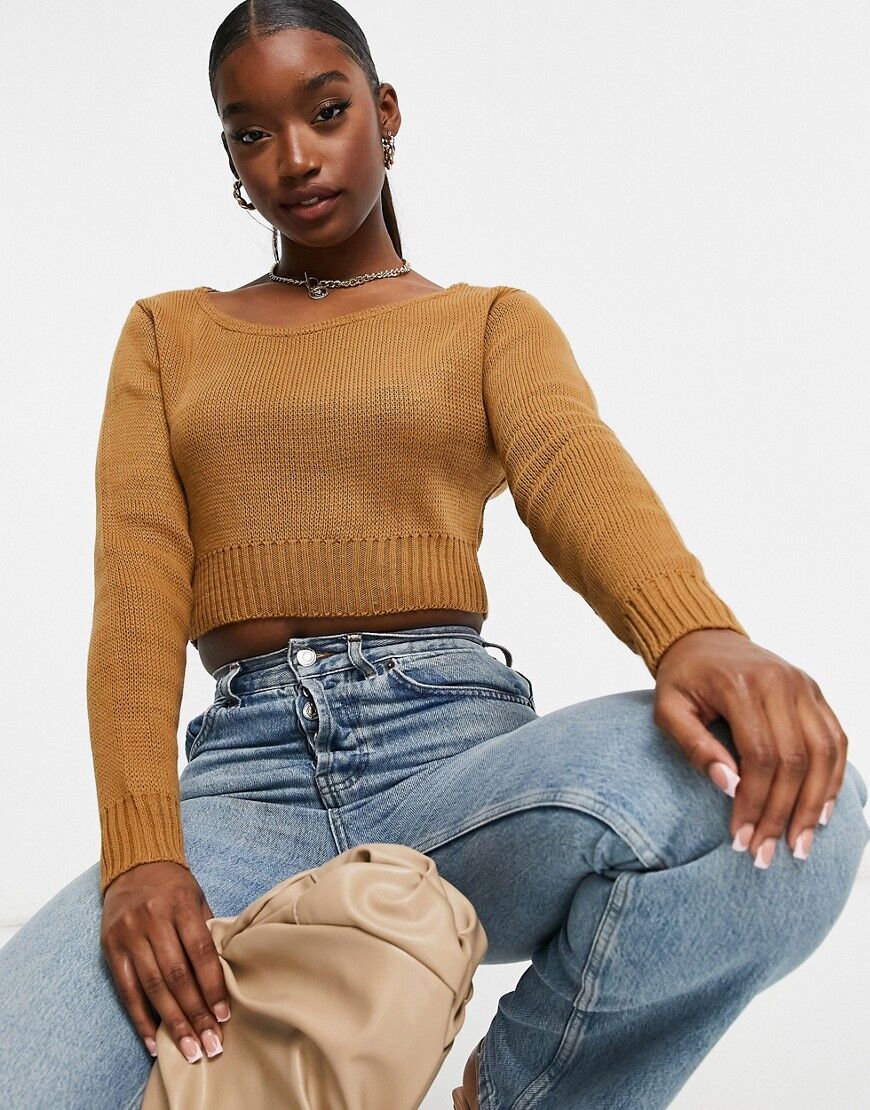 Fashionkilla knitted slouchy cropped jumper in camel-Brown  Brown