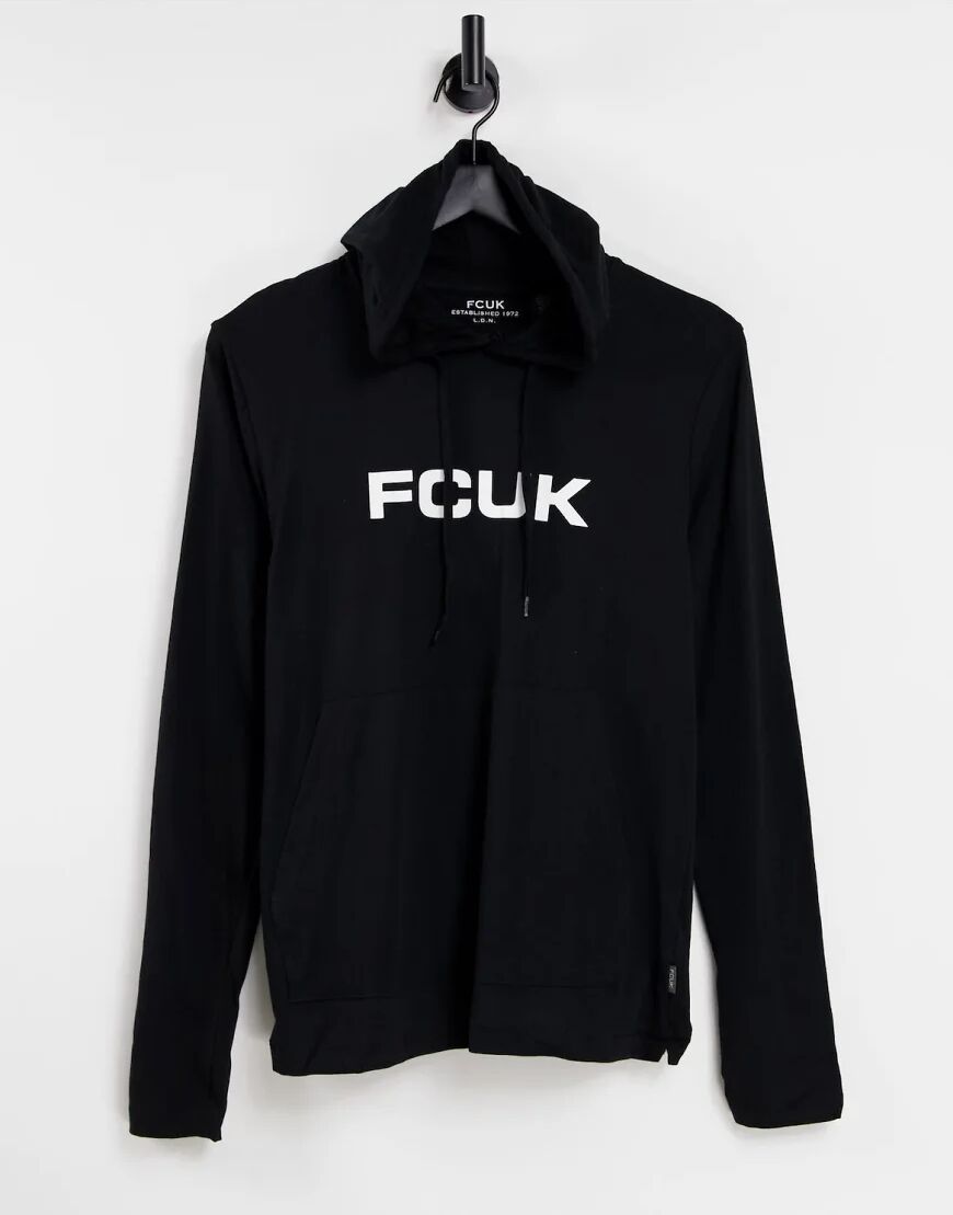 French Connection FCUK long sleeve logo top with hood in black  Black