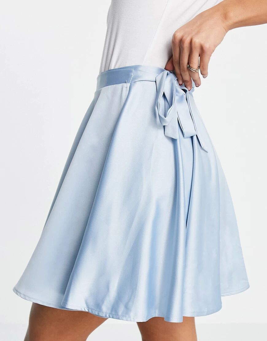 Flounce London flippy wrap satin mini skirt with tie waist in pale blue  Blue