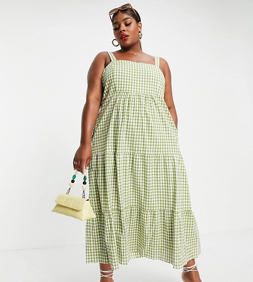 Forever New Curve square neck tiered midi smock dress in gingham-Multi  Multi