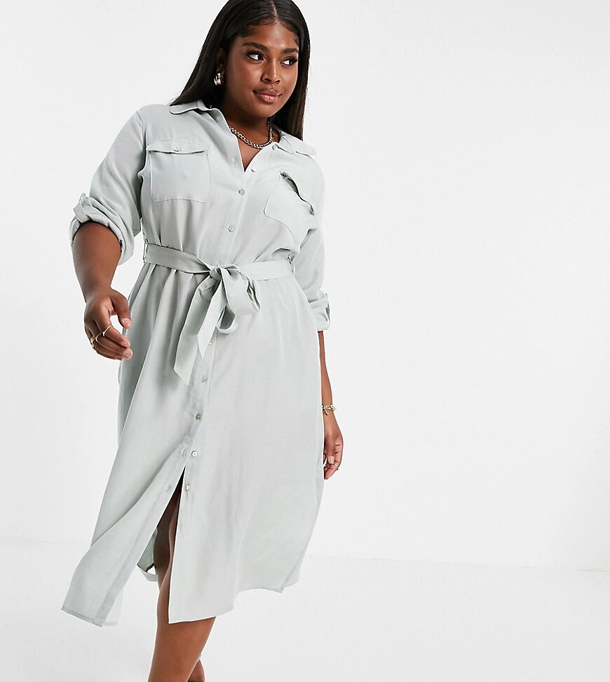 Forever New Curve utility shirt midi dress in sage green  Green