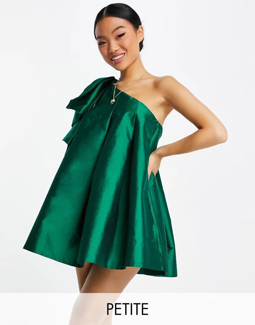 Forever New Petite oversized bow one shoulder mini dress in emerald green  Green