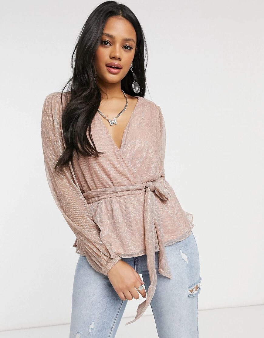 Forever New plisse wrap top with tie waist and balloon sleeve in metallic blush-Pink  Pink